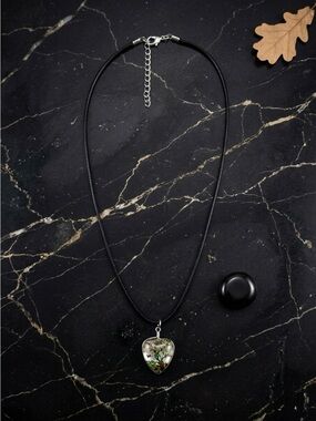 Handcrafted Heart Pendant Necklace - Black Cord with Green Accent